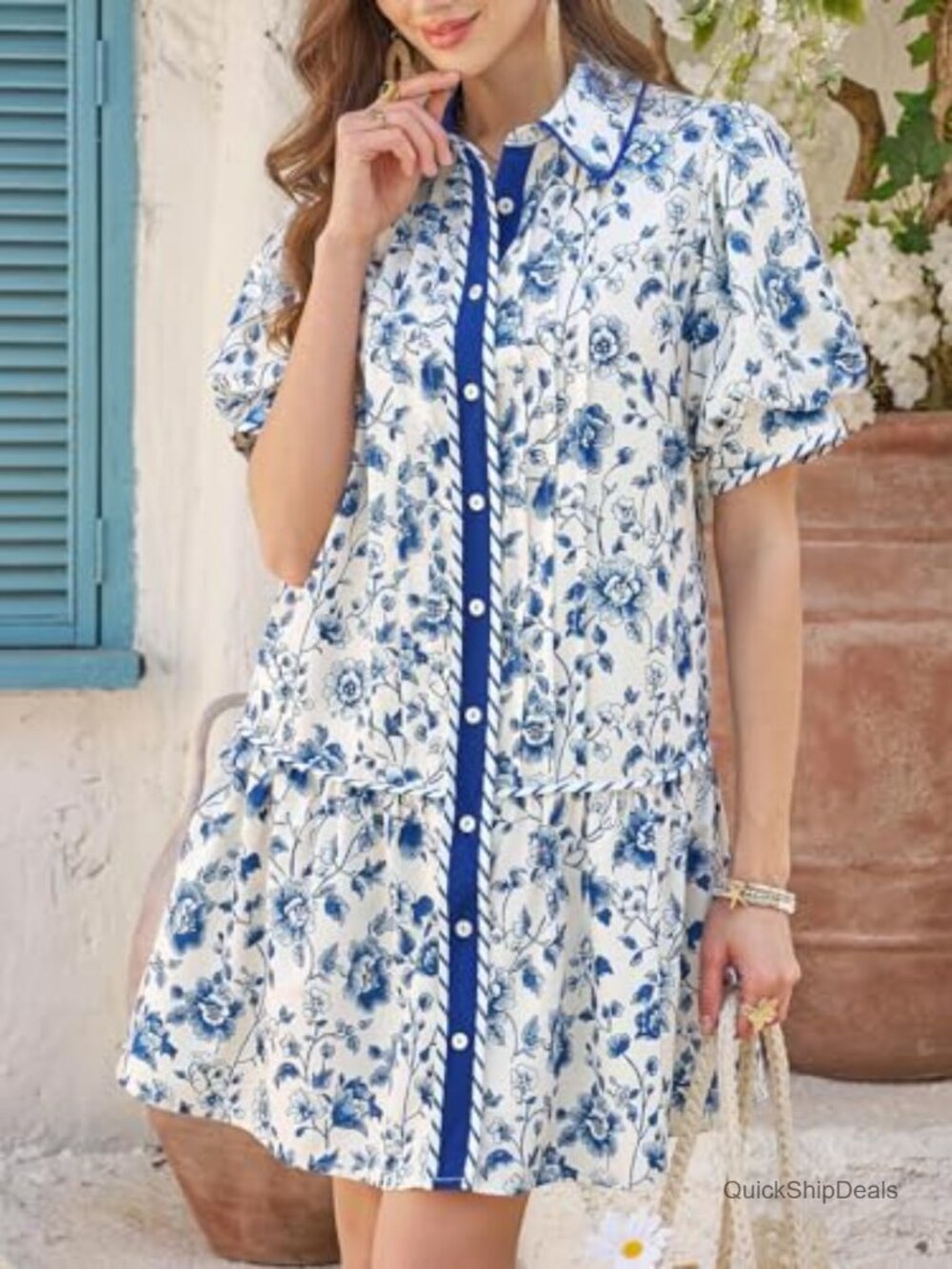 Mini Dress with Short Puff Sleeves Floral Collared V Neck Button Down Shirt - Picture 4 of 5